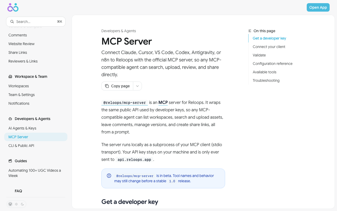 The MCP Server page in the Reloops docs, showing what the server does and a beta notice